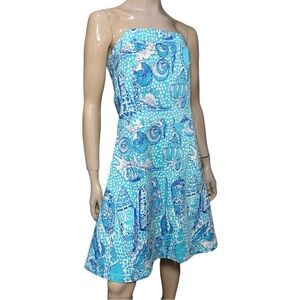 Key West NWT 8 Blue Turquoise White Shell Mosaic Tropical Lucky Strapless Dress